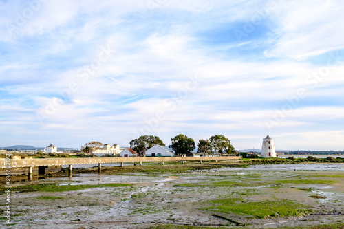 Moinho grande in Barreiro , Lisbon, Portugal.  White tidal mill, ruin from 15th century.  Swamp. photo