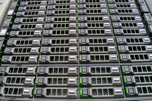 Database storage in the server room of the data center. A modern computer farm. The server array is installed in a rack on the technical platform of the Internet provider