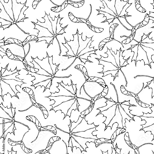 Seamless Endless Pattern of Green Maple Leaves and Seeds. Autumn or Fall Harvest Collection. Realistic Hand Drawn High Quality Vector Illustration. Doodle Style.
