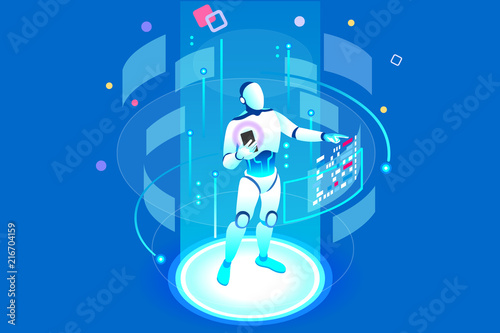 Vr, virtual augmented reality and futuristic banking concept with characters. Gadget of the future, smartphone tech for payment. Flat Isometric character vector illustration.