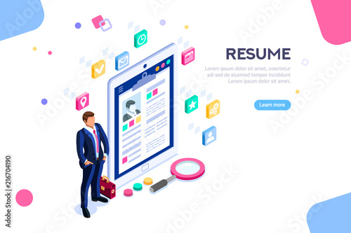 Web page, banner for resume resources. Employer, customer, boss recruit. Businessman isometric human resources, hr job presentation for occupation choose. Flat Isometric concept with characters.