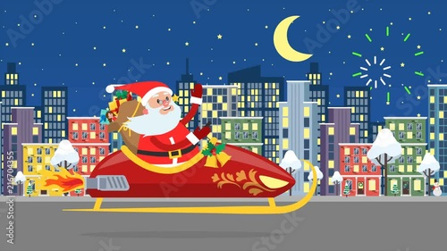 Santa Claus flying over the night city