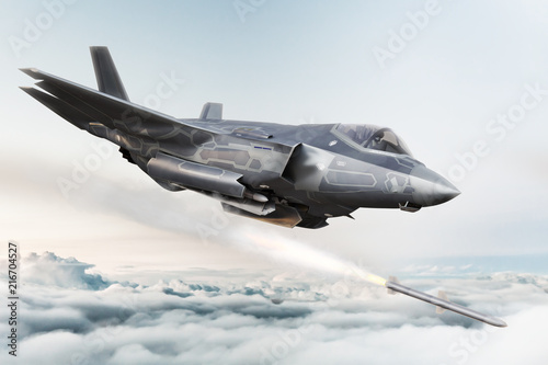 Zaawansowany samolot wojskowy F35 namierzający cel i strzelający pociskami rakietowymi. Renderowanie 3d
