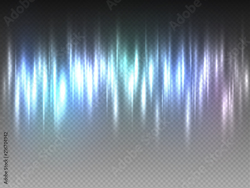 Vertical rainbow colorful radiance glow pulsing rays on transparent background. Vector abstract illustration of Aurora Borealis light effect. Shining waves design. Polar glowing flare.