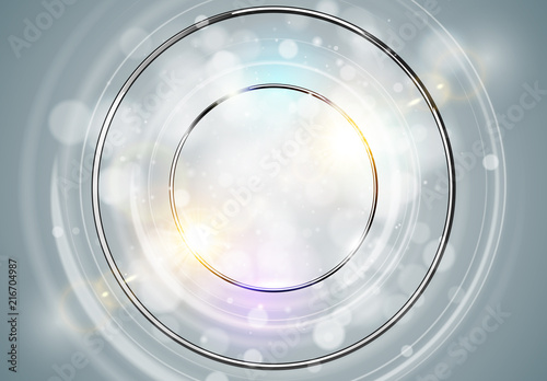 Abstract ring background. Metal chrome shine round frame with light circles and spark light effect. Vector sparkling glowing stainless steel cover. Space for your message.