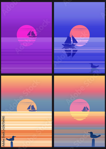 Set of Sea landscape cards template with sailing boat minimalistic illustration. Seascape sunrise or sunset. Ocean scene with rising sun, sailboat, mountains and sky. Rocky coast in blue color vector