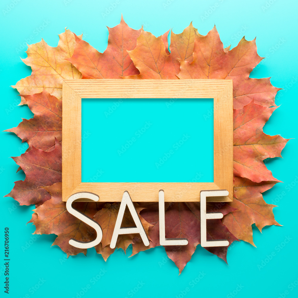 Wooden frame with sale word in leaves