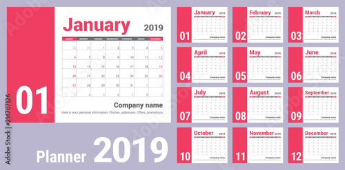 2019 calendar. English calender. Сolor vector template. Week starts on Sunday. Business planning. New year planner. Clean minimal table. Simple design