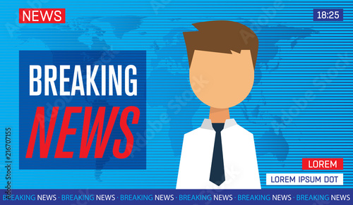newscaster man reporting tv news sitting in a studio, breaking news on tv, flat vector illustration