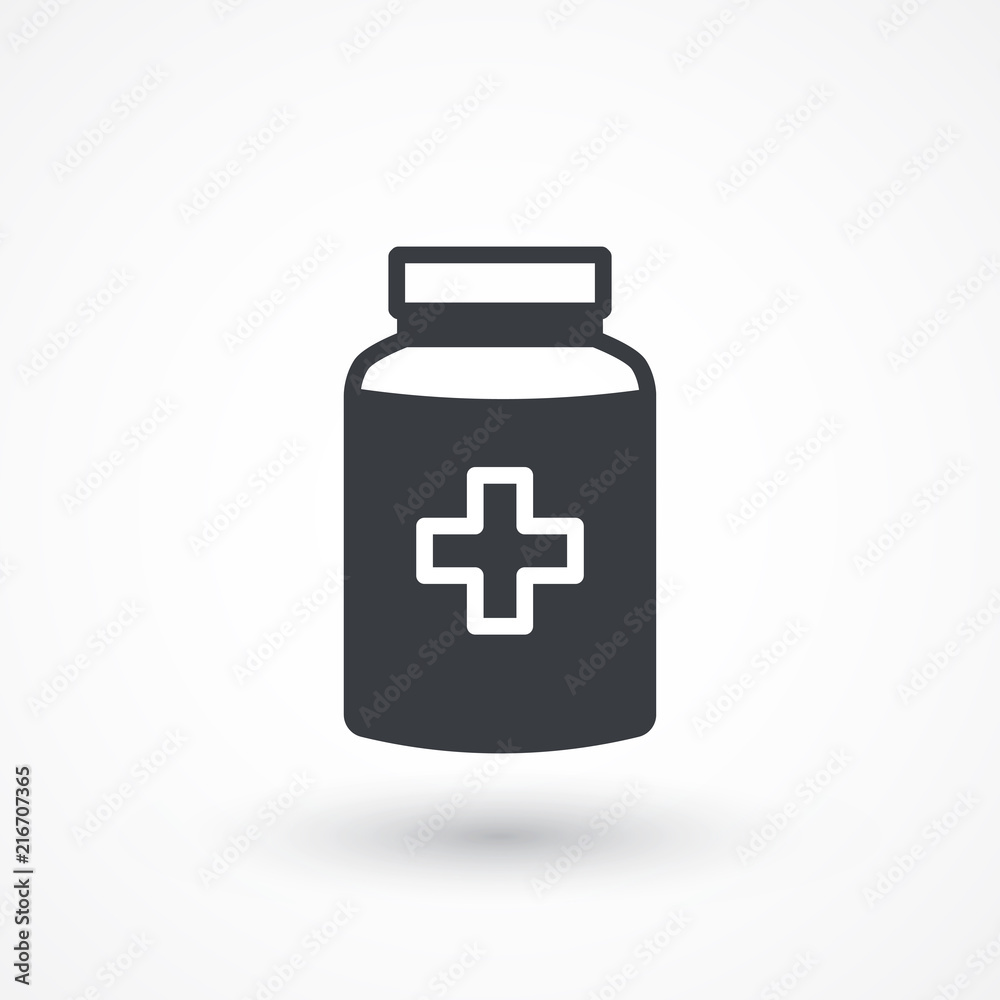Bottle with pills vector icon. Pharmacy sign. Health care medicament symbol Bottle with pills vector icon. Pharmacy sign. Health care medicament symbol