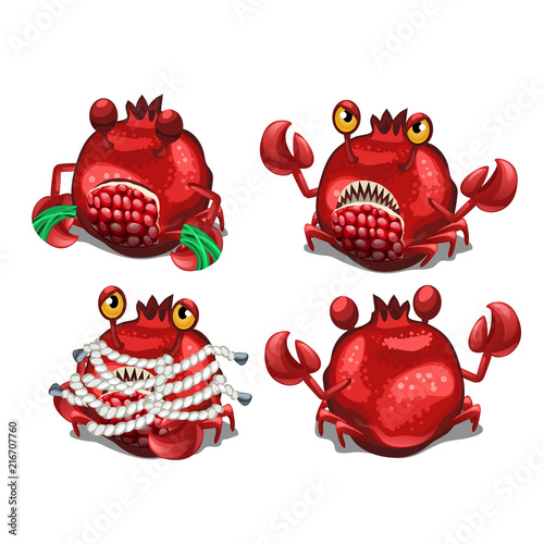 Trapped fancy monster in the form of a crab disguised in a pomegranate isolated on a white background. Vector illustration.