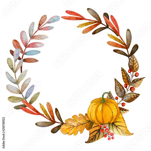 Watercolor wreath of autumn leaves