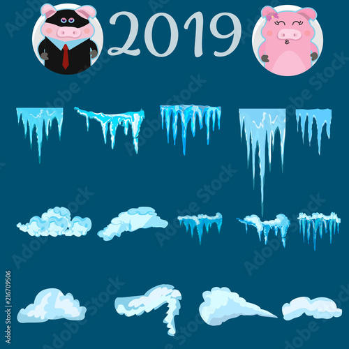 2019 Snow caps and pig, snowballs and snowdrifts set. Snow cap vector collection. Winter decoration element. Snowy elements on blue background. Cartoon template.