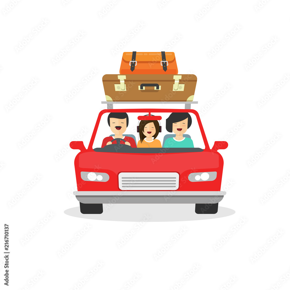 Family trip by car vector illustration, flat cartoon happy people driving or travelling in automobile with luggage, travel via auto isolated on white background Family trip by car vector illustration, flat cartoon happy people driving or travelling in automobile with luggage, travel via auto isolated on white background