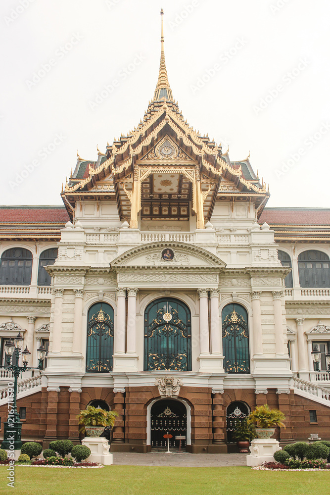 Facade of Chakri Maha Prasat in the Grand Palace. Dusit Maha Prasat in Bangkok, Thailand.