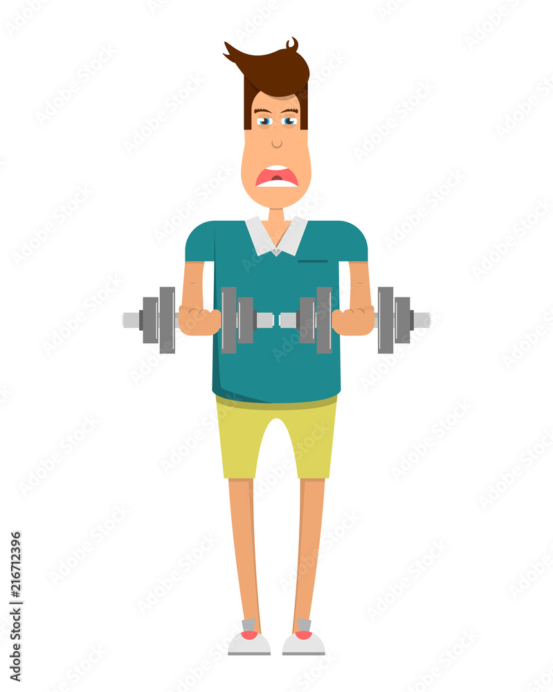 man goes in for sports,sports equipment to practice weightlifting,metal dumbbells,healthy lifestyle, vector image, flat design, cartoon character man goes in for sports,sports equipment to practice weightlifting,metal dumbbells,healthy lifestyle, vector image, flat design, cartoon character