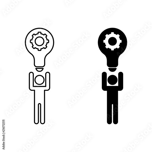Businessmen hold light bulb with gears in hand.. Outline and filled vector sign, linear and full pictogram