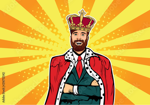 Hipster Business king. Businessman with beard and crown. Man leader, success boss, human ego. Vector retro pop art comic drown illustration.