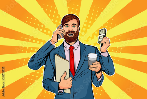 Hipster businessman with beard and many hands business concept of time management and multitasking. Retro style pop art vector illustration