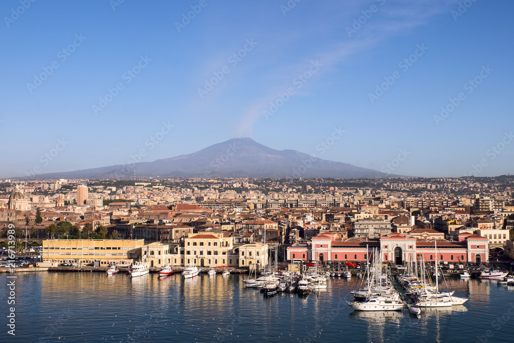 View of Port of Catania with the Etna Vulcan from cruise liner,Sicily. Italy.