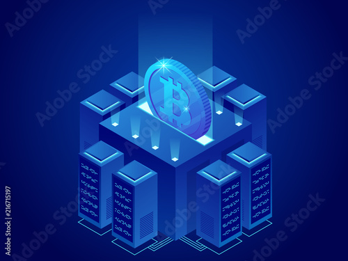 Isometric mining Bitcoin farm. Cryptocurrency, blockchain, bitcoin mining concept. Big data processing, server room rack vector illustration