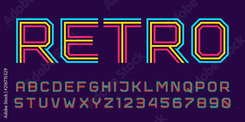 Vector retro line font. Latin alphabet from A to Z and numbers from 0 to 9 made of rainbow line. Outlined stripes style.