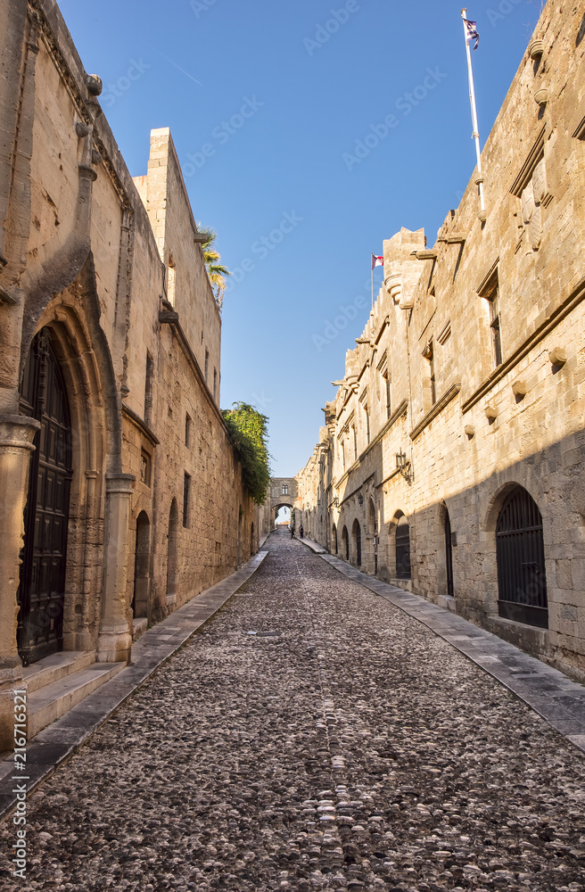 Ippoton Street known as Knights Street - narrow street of medieval Old Town of Rhodes, Greek Islands, Greece. 