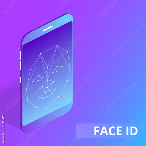 Isometric 3D vector illustration face detection or recognition with smartphone. Smart technologies