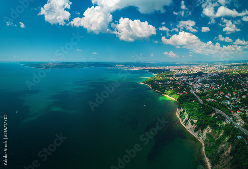 Aerial drone view of beautiful Black sea and coast near Varna, Bulgaria