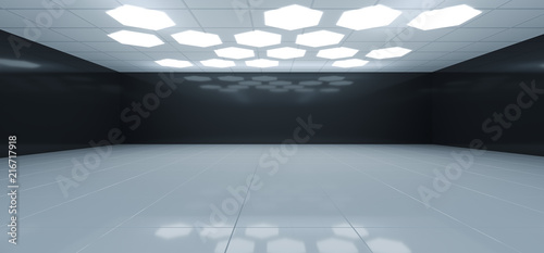Fototapeta Naklejka Na Ścianę i Meble -  Futuristic Interior Black And White Room With Hexagon Shaped White Lights On The Ceiling With Empty Space Wall 3D Rendering