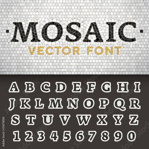 Vector mosaic floor style font. Latin letters from A to Z and numbers from 0 to 9 made of pavement stones. Beautiful classic design.