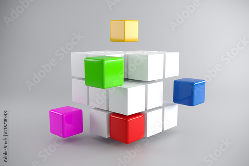 Realistic Disassembled Cube With Colorful Little Cubes Aside  On White Background Team Project Concept 3D Rendering
