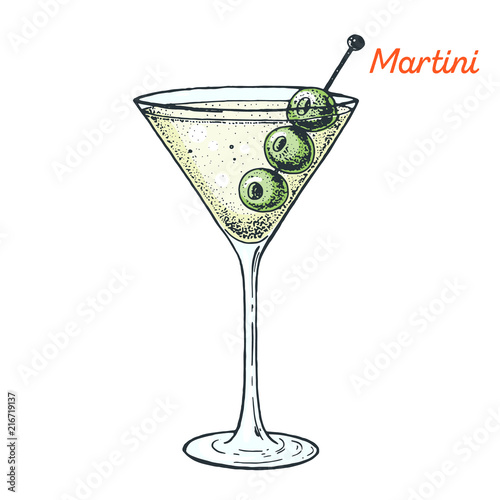 Martini cocktail illustration. Alcoholic cocktails hand drawn vector illustration.