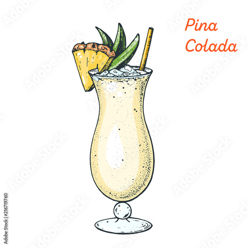 Pina Colada cocktail illustration. Alcoholic cocktails hand drawn vector illustration.