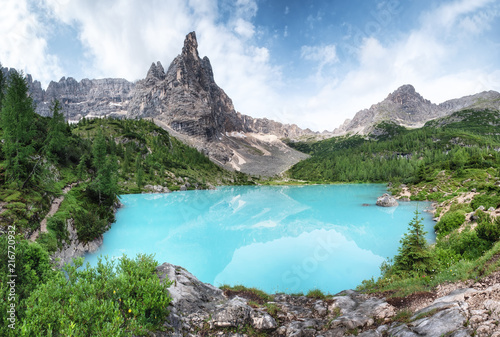 Mountains and turquoise lake in the Dolomites apls, Italy. Sorapis lake in th...