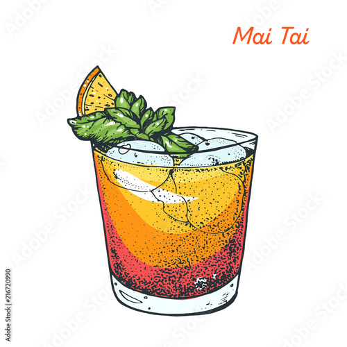 Mai Tai cocktail illustration. Alcoholic cocktails hand drawn vector illustration.