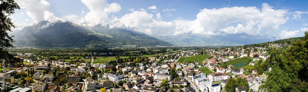 Panoramic view of Liechtenstein's capital city Vaduz from the nearby hills