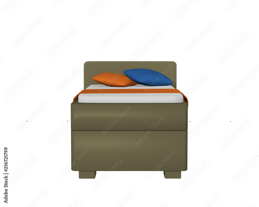 Einzelbett in olivgrün mit Dekorationen, auf weiß isoliert, aus vorderansicht. 3d Render Einzelbett in olivgrün mit Dekorationen, auf weiß isoliert, aus vorderansicht. 3d Render