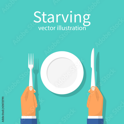Starving. Refusal to eat. Famine. Vector illustration flat design. Isolated on background. An empty plate in front of a man. Cutlery in hands.
