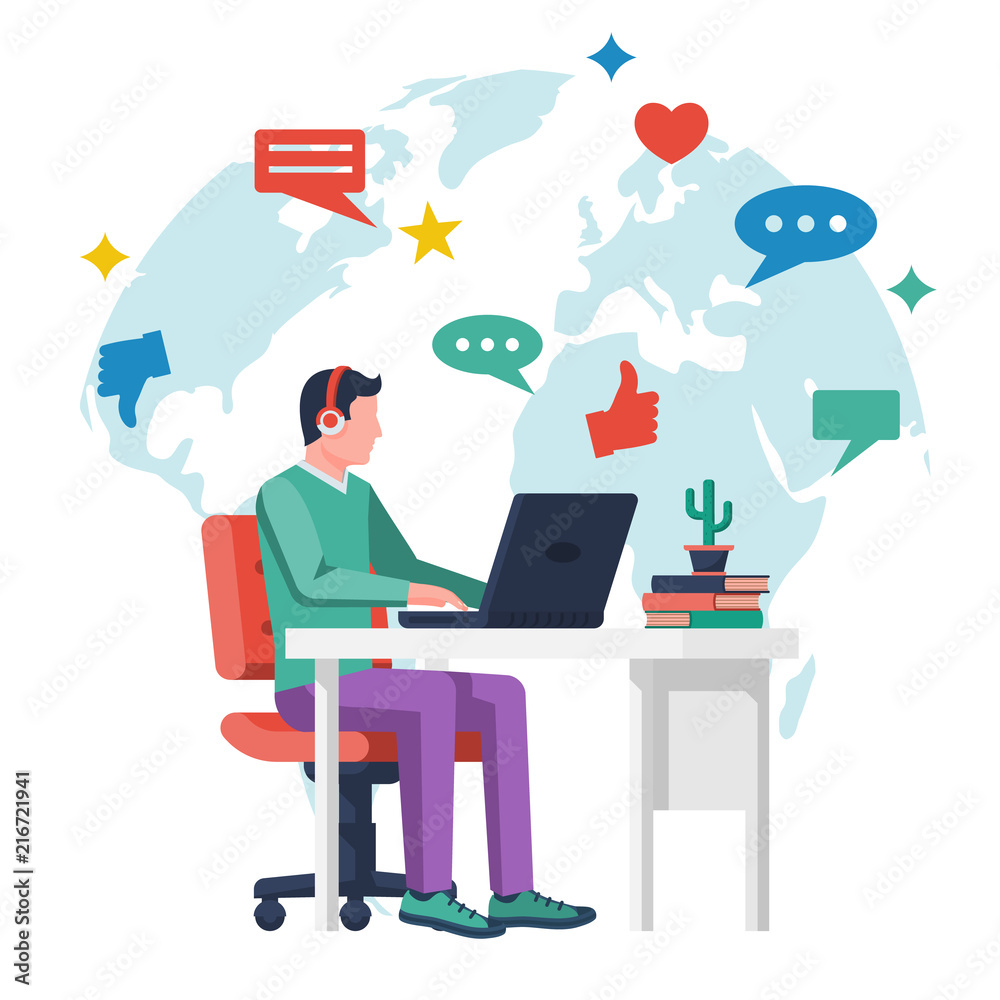Social networks concept. Young modern man working on laptop at work desk.  Chatting and sharing. Icon media global planet. Vector illustration flat  design. Isolated on white background. vector de Stock | Adobe