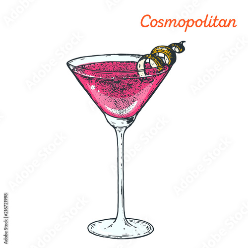 Cosmopolitan cocktail illustration. Alcoholic cocktails hand drawn vector illustration.