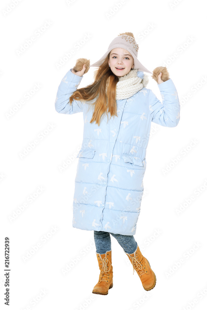 Happy little girl posing in coat isolated Happy little girl posing in coat isolated