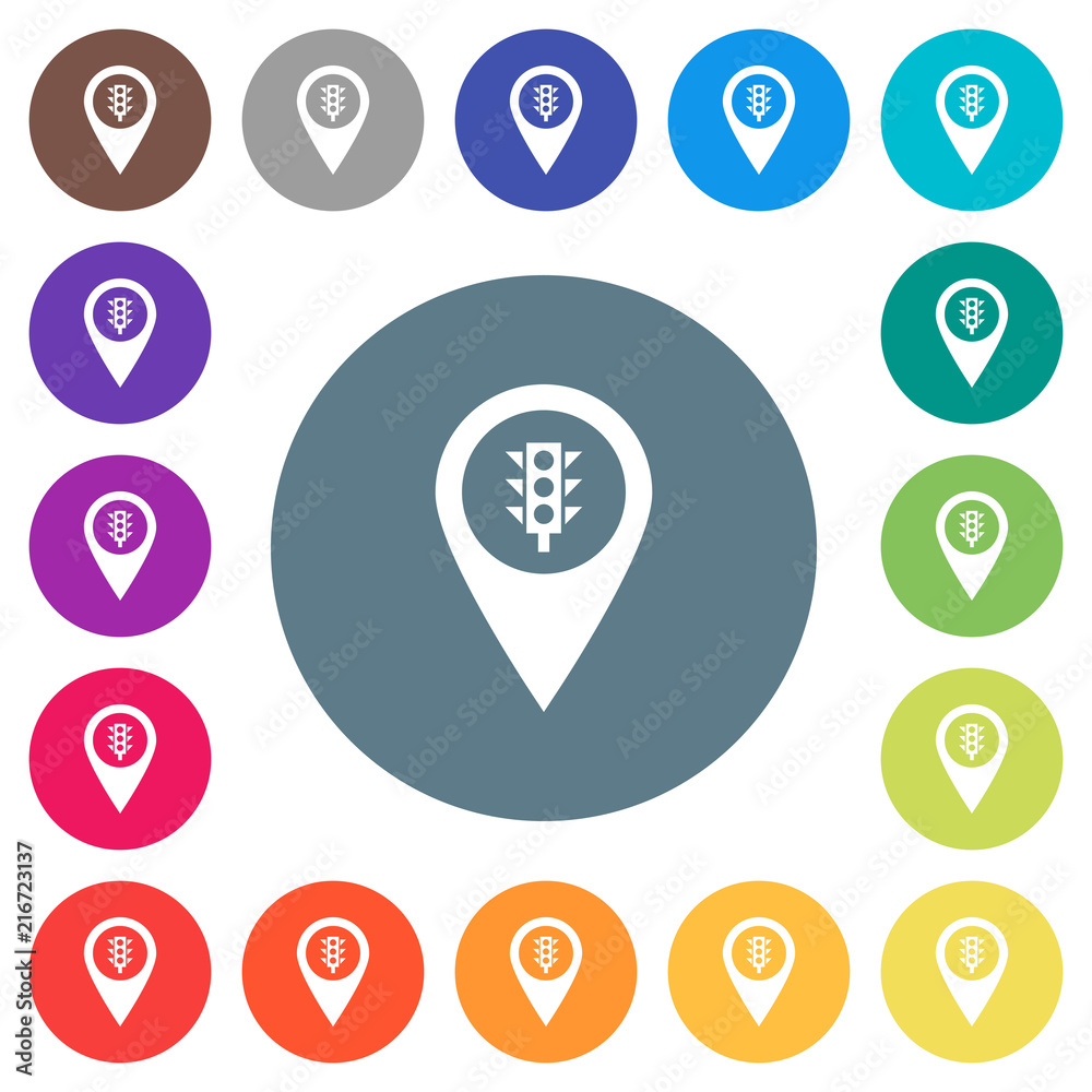 Traffic light GPS map location flat white icons on round color backgrounds Traffic light GPS map location flat white icons on round color backgrounds