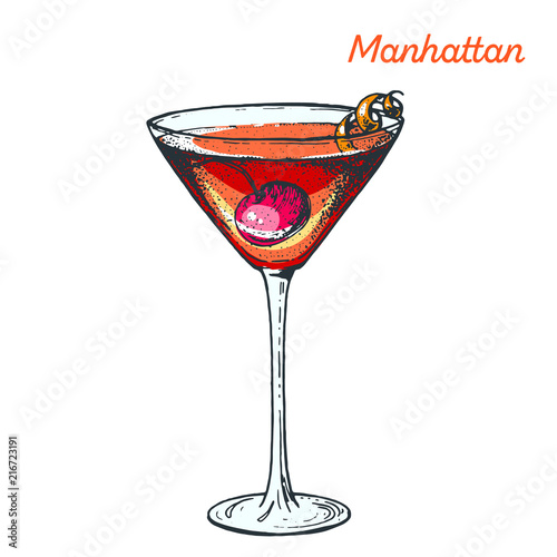 Manhattan cocktail illustration. Alcoholic cocktails hand drawn vector illustration.