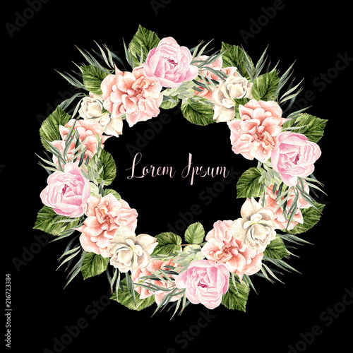 Beautiful Watercolor Wedding Wreath with roses and peony.