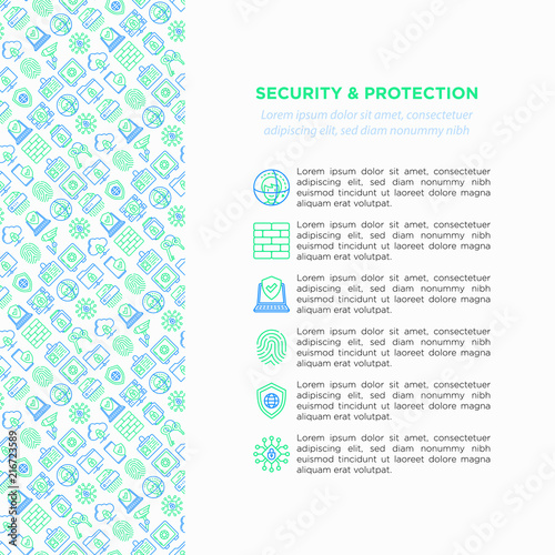 Security and protection concept with thin line icons: mobile security, fingerprint, badge, firewall, face ID, secure folder, surveillance camera, keyset, shredder. Vector illustration.