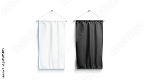 Fototapeta Naklejka Na Ścianę i Meble -  Blank black and white rectangle pennant mock up, isolated, 3d rendering. Clear penant hanging on wall mockup, front view. Empty flag template