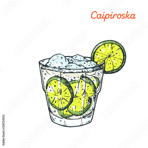 Caipiroska cocktail illustration. Alcoholic cocktails hand drawn vector illustration.