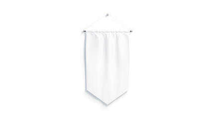 Blank white rhombus pennant mock up, isolated, 3d rendering. Clear penant hanging on wall mockup, front view. Empty flag template