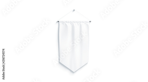 Blank white rhombus pennant mock up, isolated, 3d rendering. Clear penant hanging on wall mockup, front view. Empty flag template photo